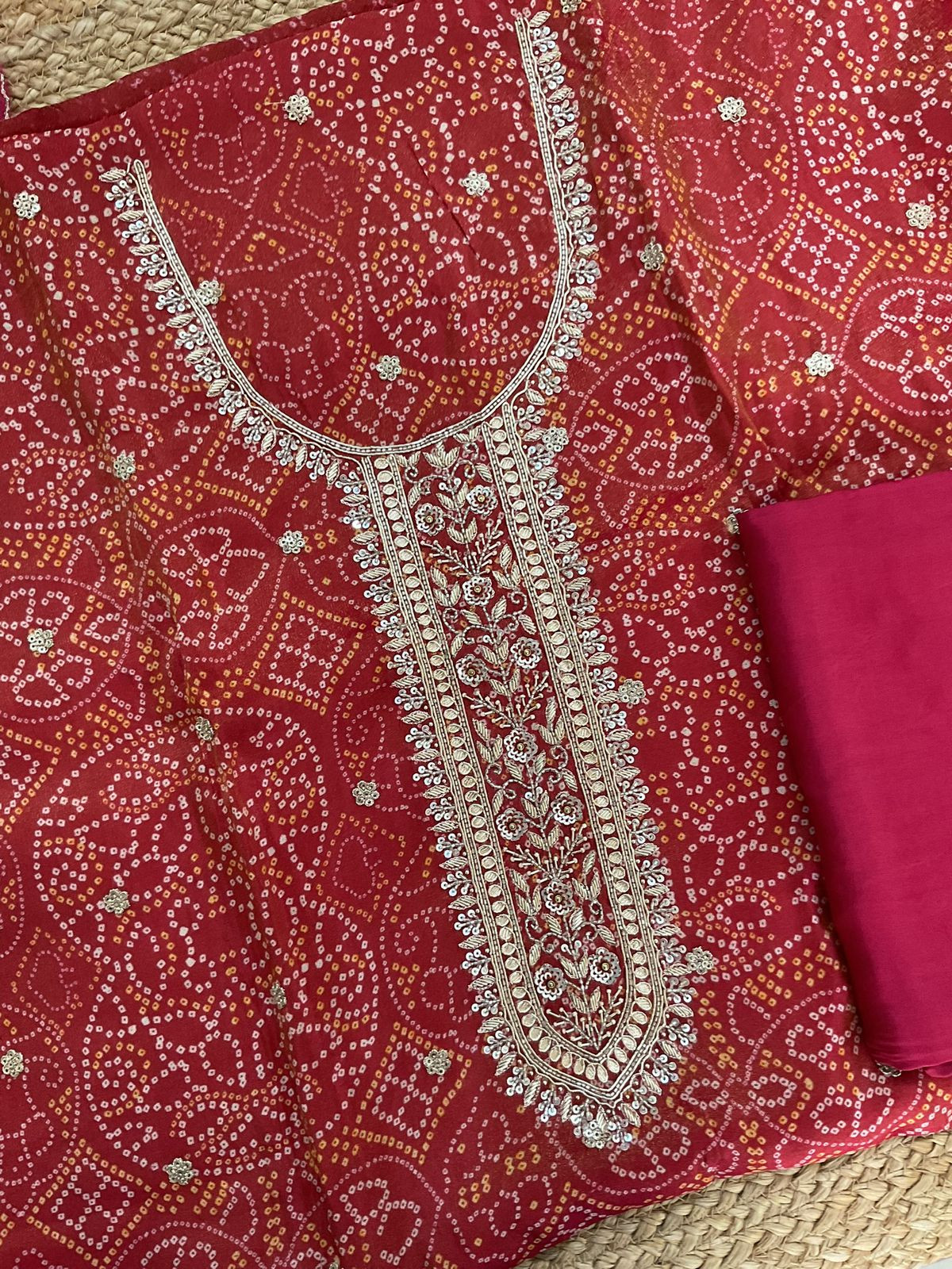 Pure Tissue Shimmer Silk Printed Embroidered Suit - Red