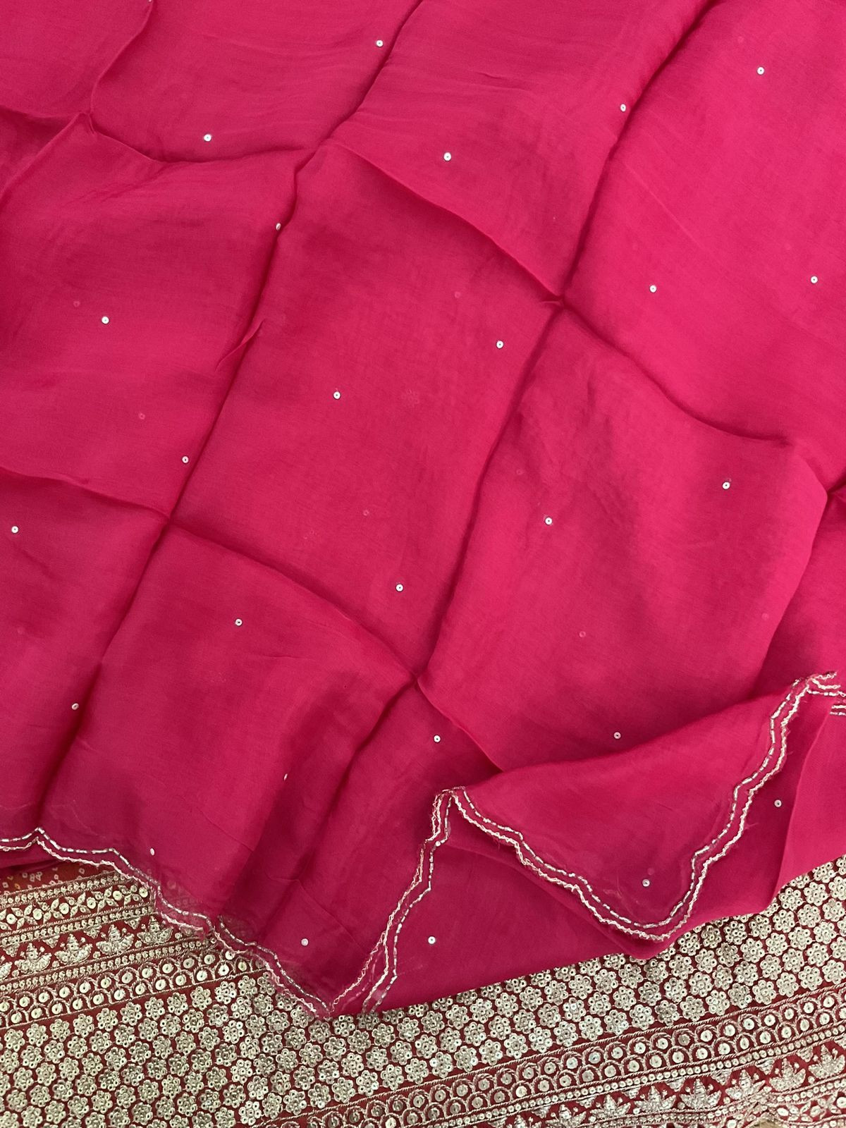 Pure Tissue Shimmer Silk Printed Embroidered Suit - Red