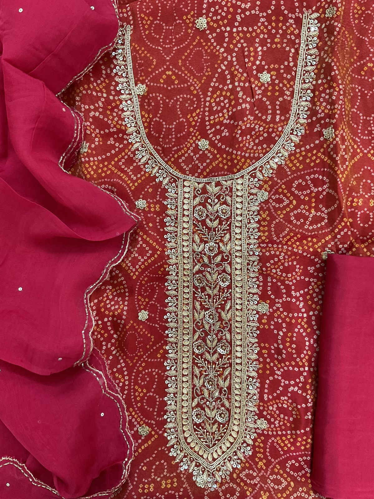 Pure Tissue Shimmer Silk Printed Embroidered Suit - Red