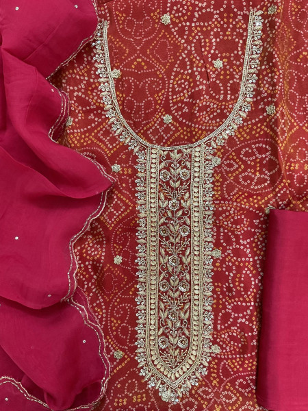 Image of Pure Tissue Shimmer Silk Printed Embroidered Suit - Red