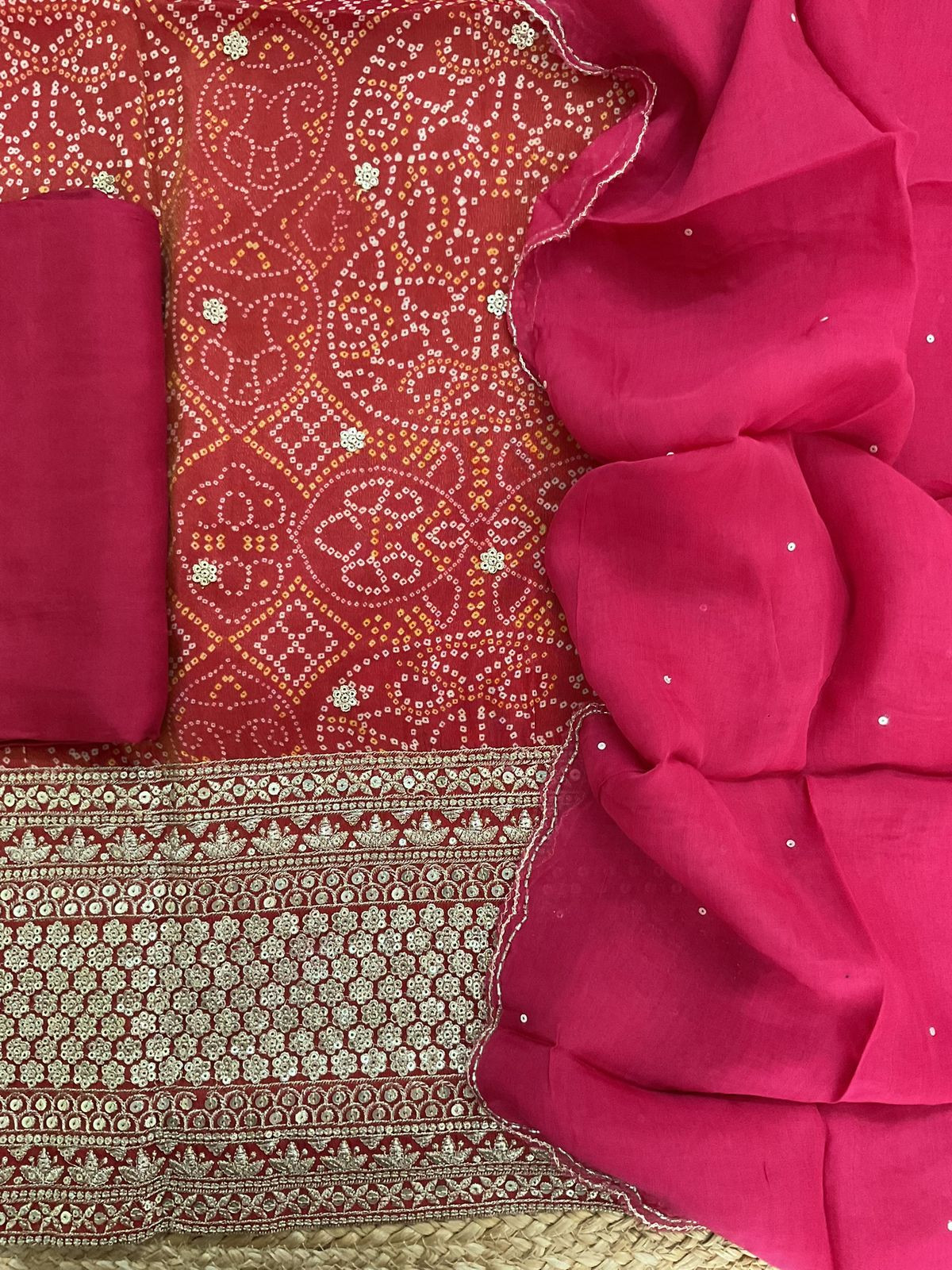 Pure Tissue Shimmer Silk Printed Embroidered Suit - Red