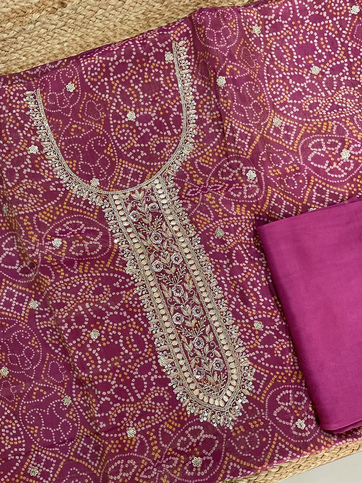 Pure Tissue Shimmer Silk Printed Embroidered Suit - Magenta