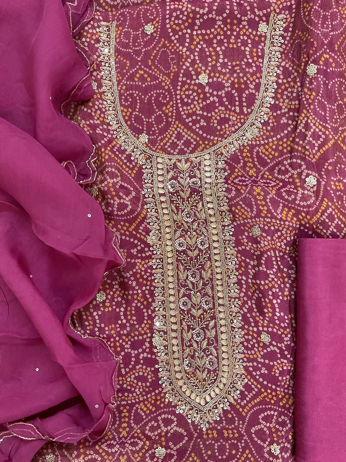 Pure Tissue Shimmer Silk Printed Embroidered Suit - Magenta