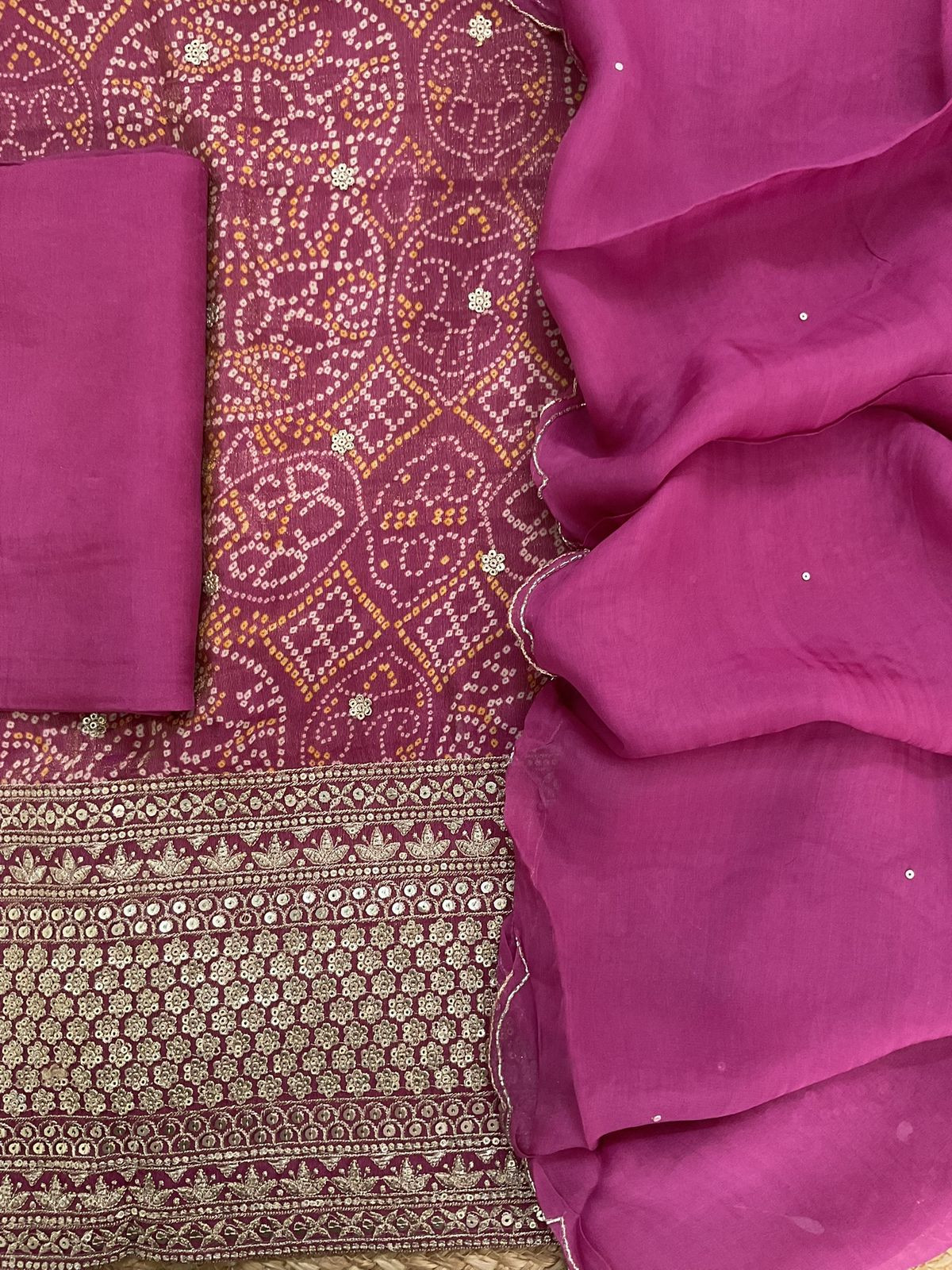 Pure Tissue Shimmer Silk Printed Embroidered Suit - Magenta