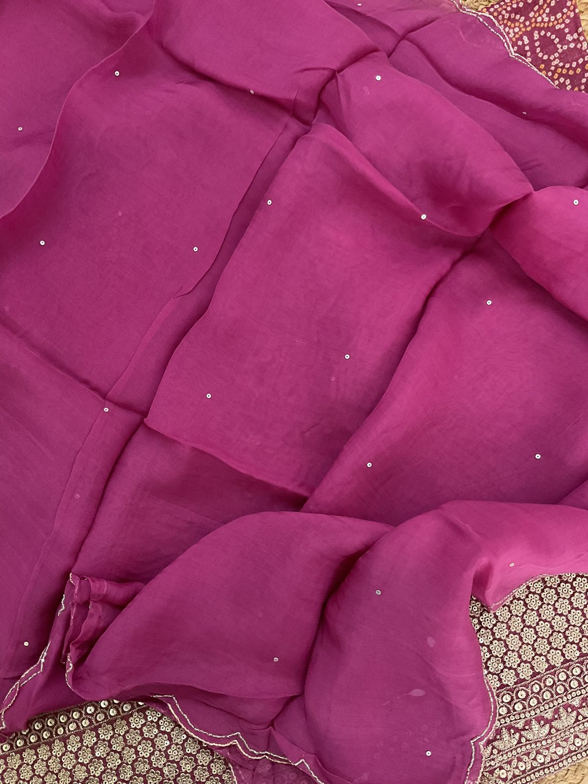 Pure Tissue Shimmer Silk Printed Embroidered Suit - Magenta