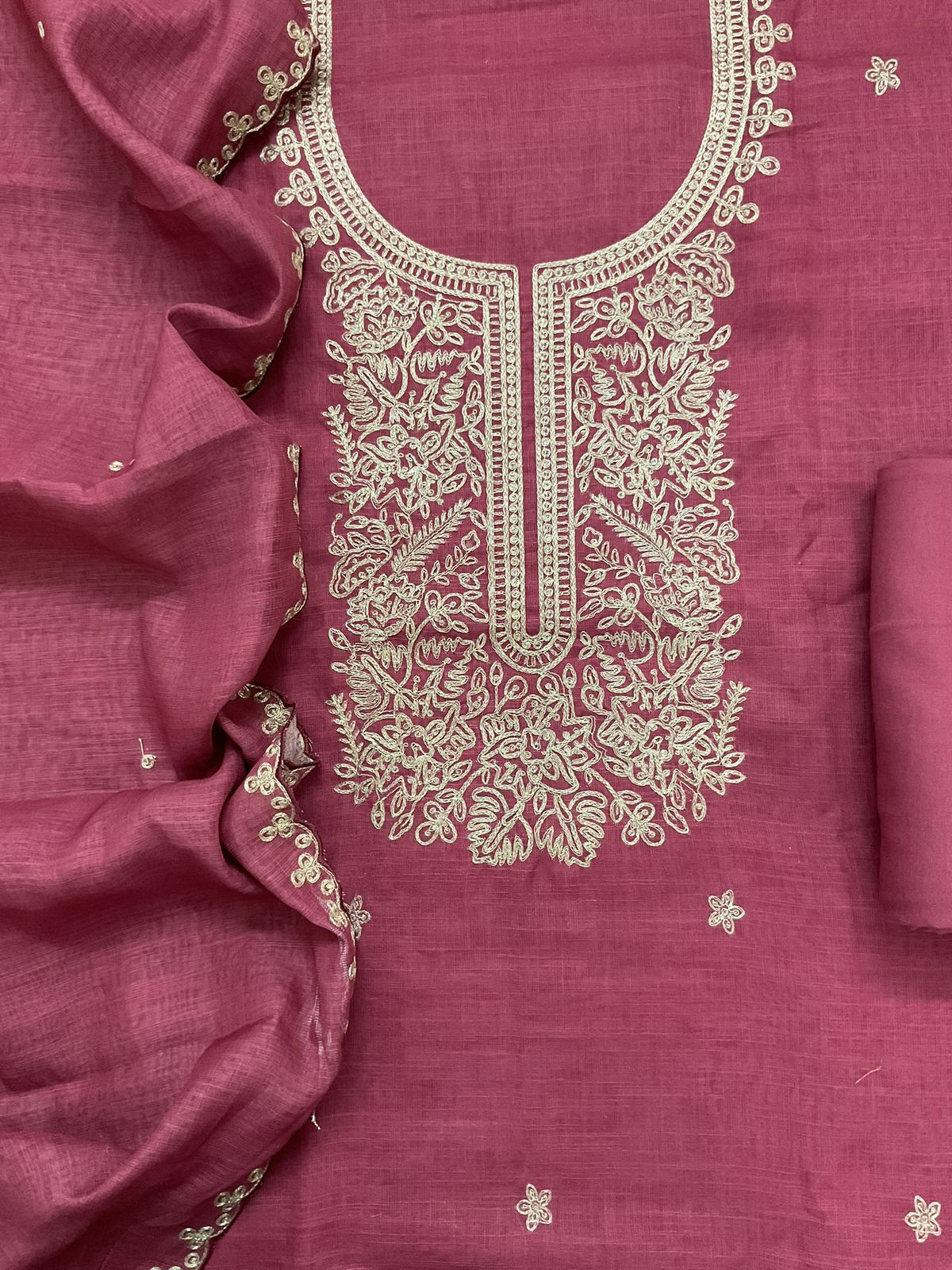 Soft Jute Kota Cotton Embroidered Suit - Pink
