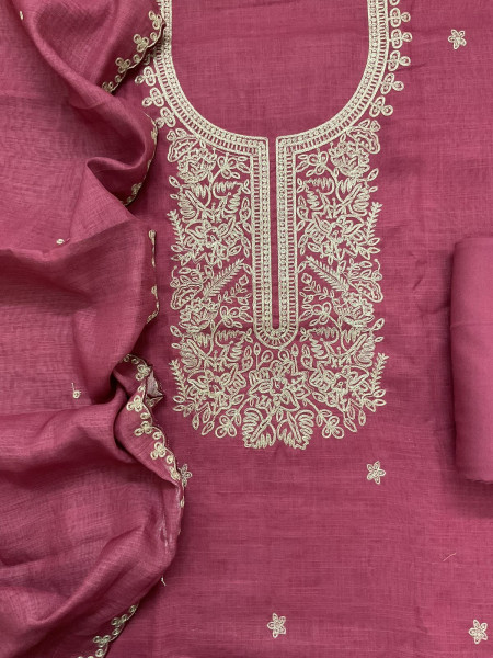 Image of Soft Jute Kota Cotton Embroidered Suit - Pink