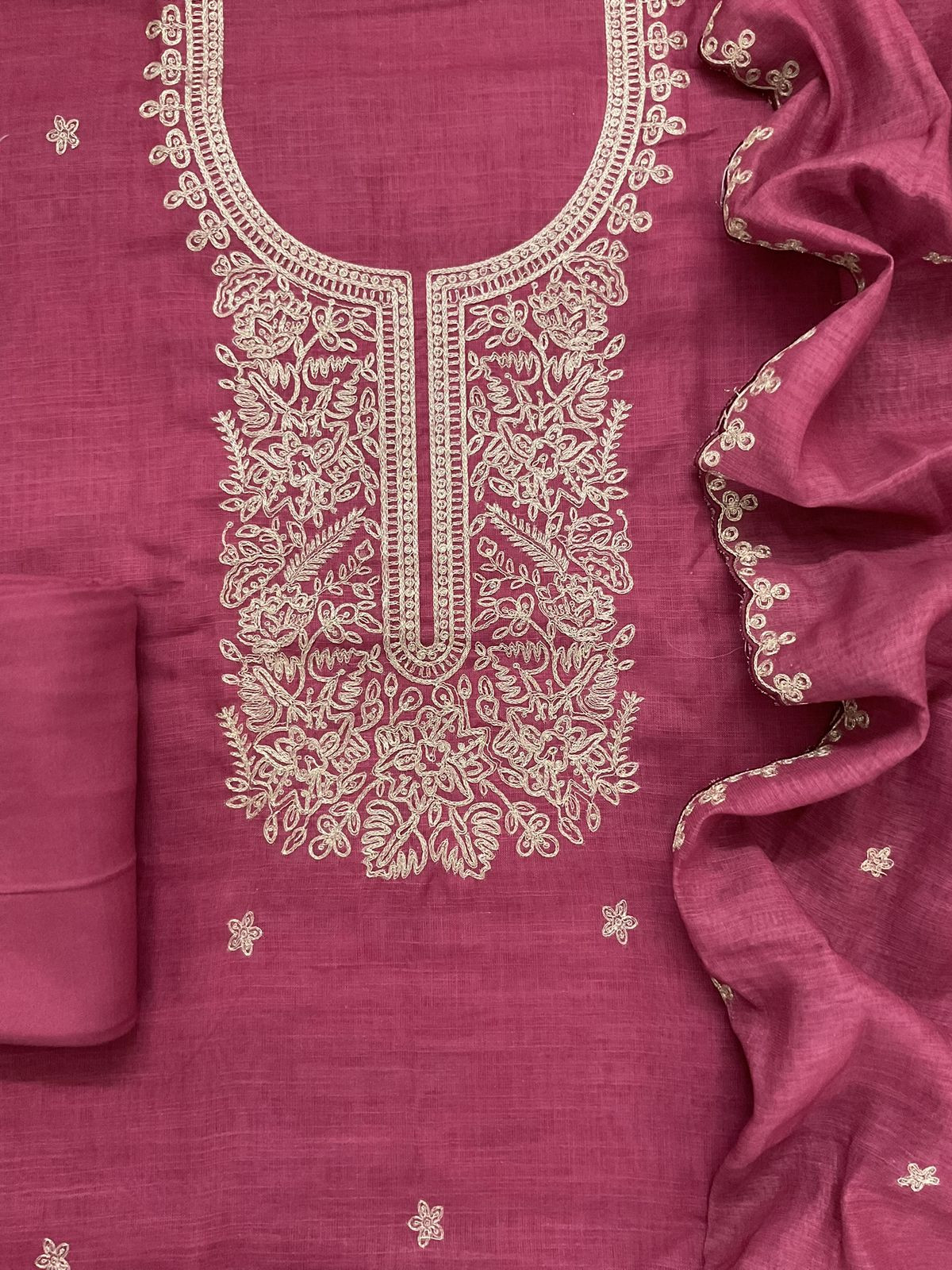 Soft Jute Kota Cotton Embroidered Suit - Pink
