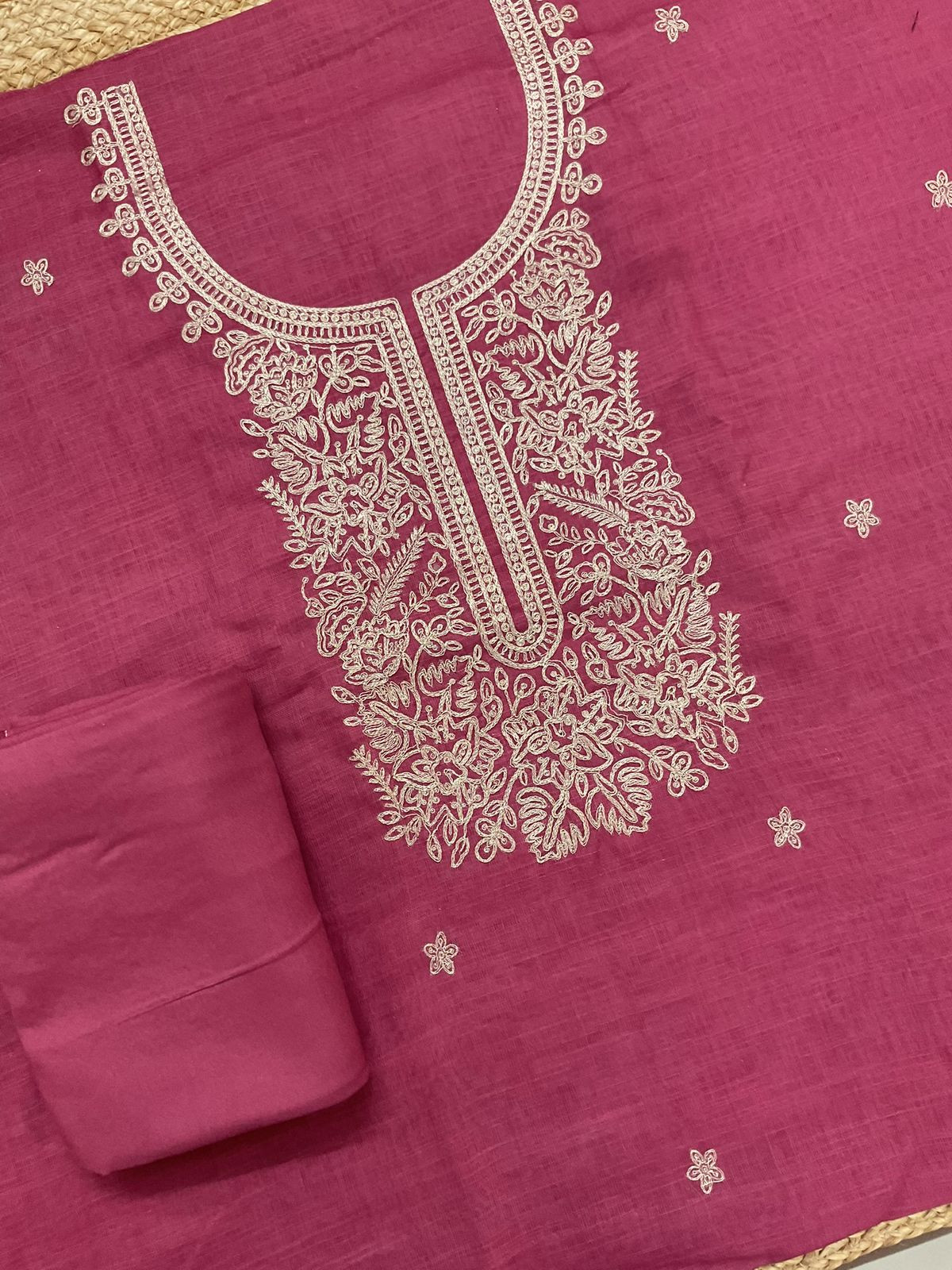 Soft Jute Kota Cotton Embroidered Suit - Pink
