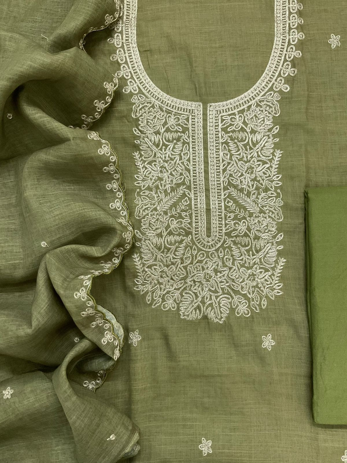 Soft Jute Kota Cotton Embroidered Suit - Green