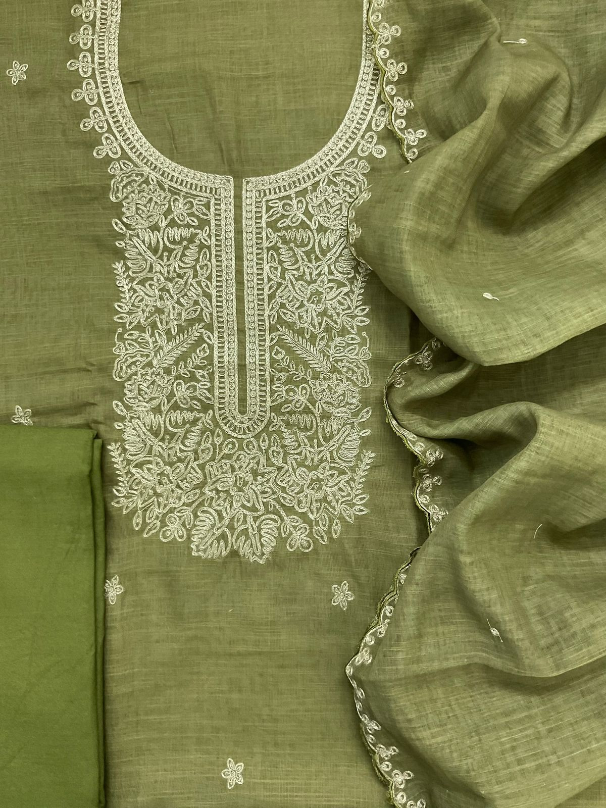 Soft Jute Kota Cotton Embroidered Suit - Green