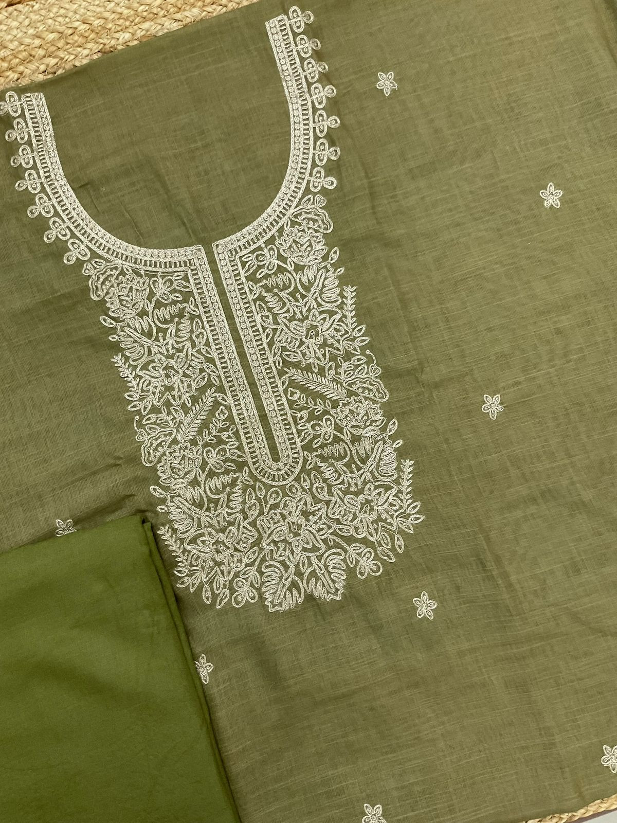 Soft Jute Kota Cotton Embroidered Suit - Green
