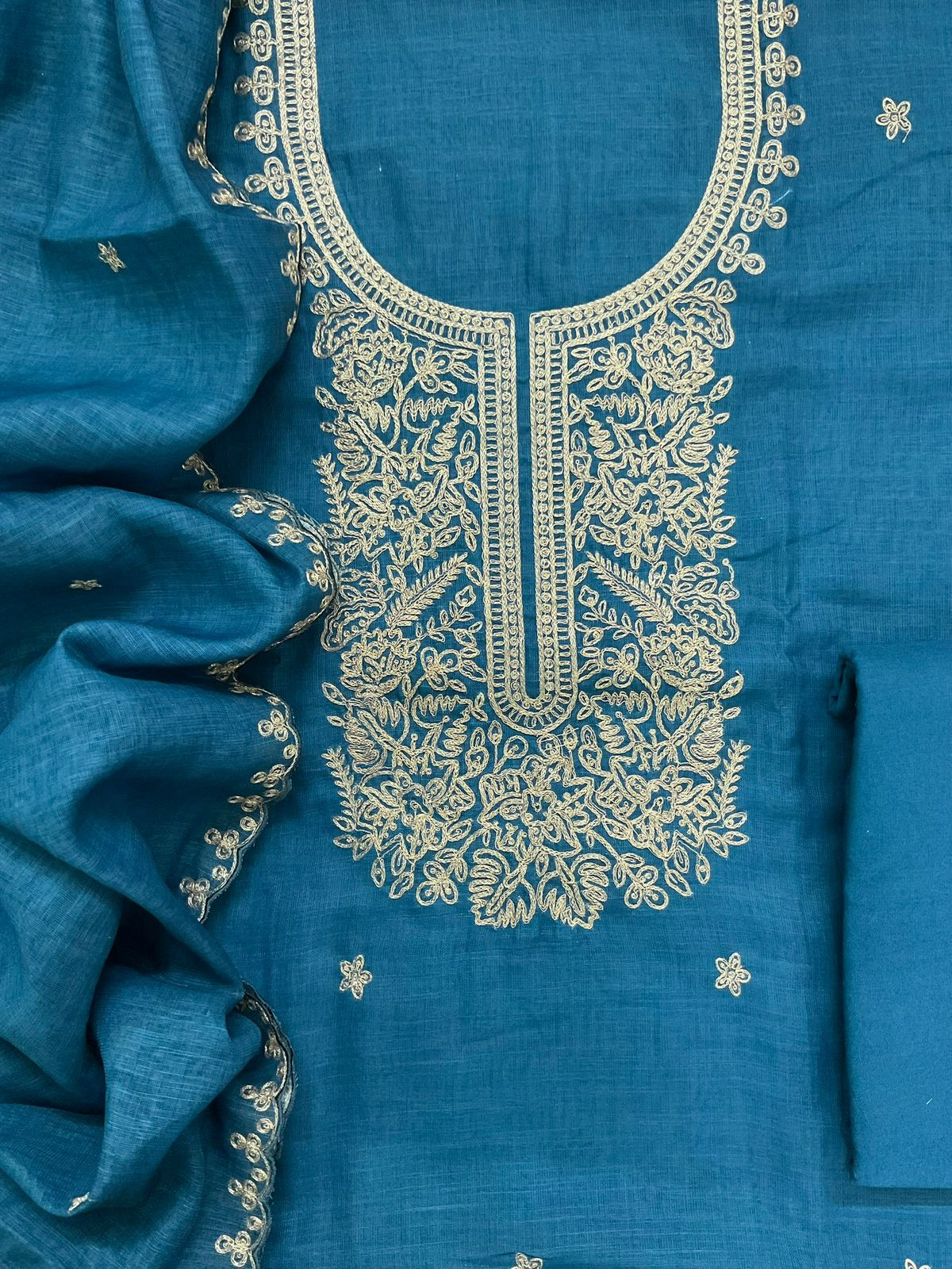 Soft Jute Kota Cotton Embroidered Suit - Blue
