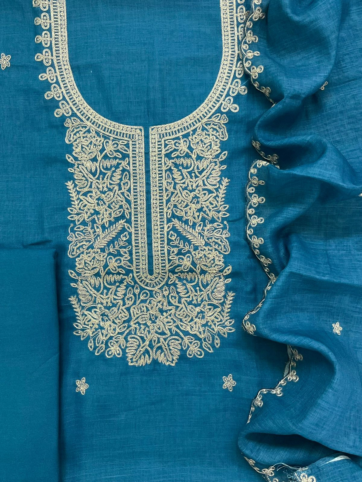 Soft Jute Kota Cotton Embroidered Suit - Blue