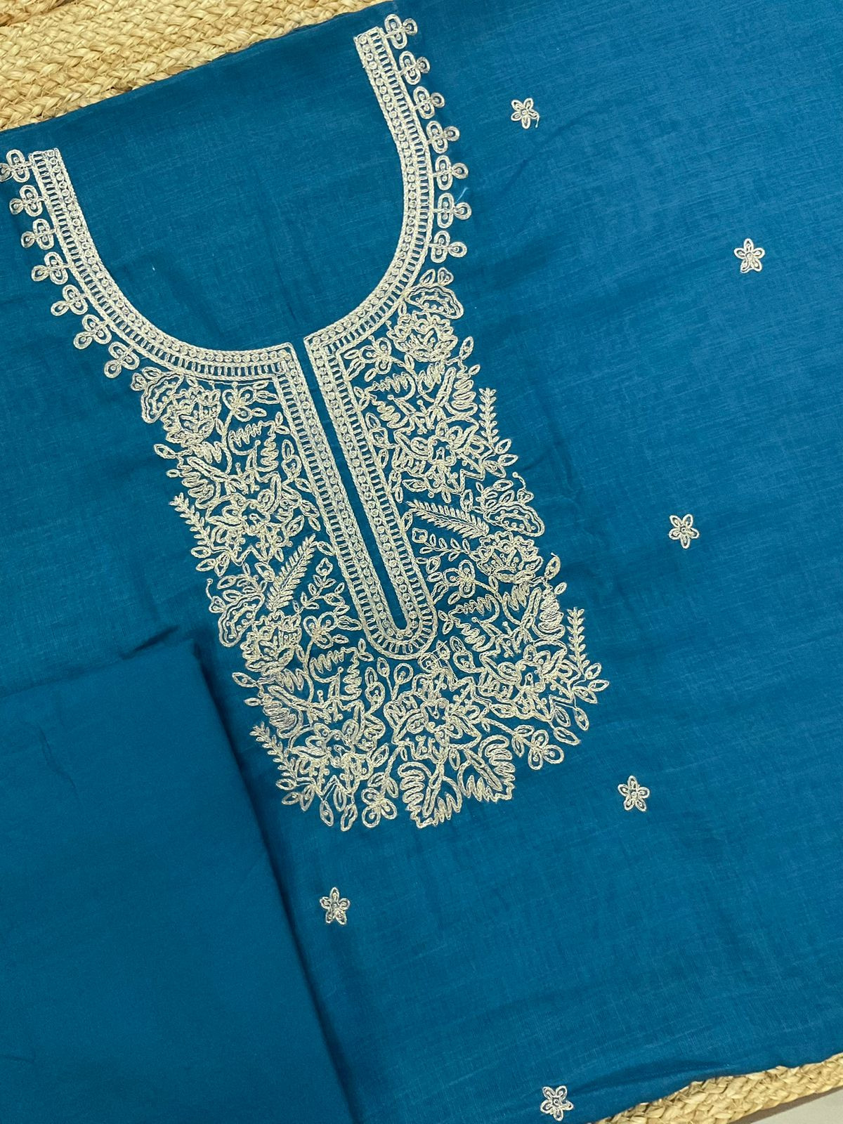 Soft Jute Kota Cotton Embroidered Suit - Blue