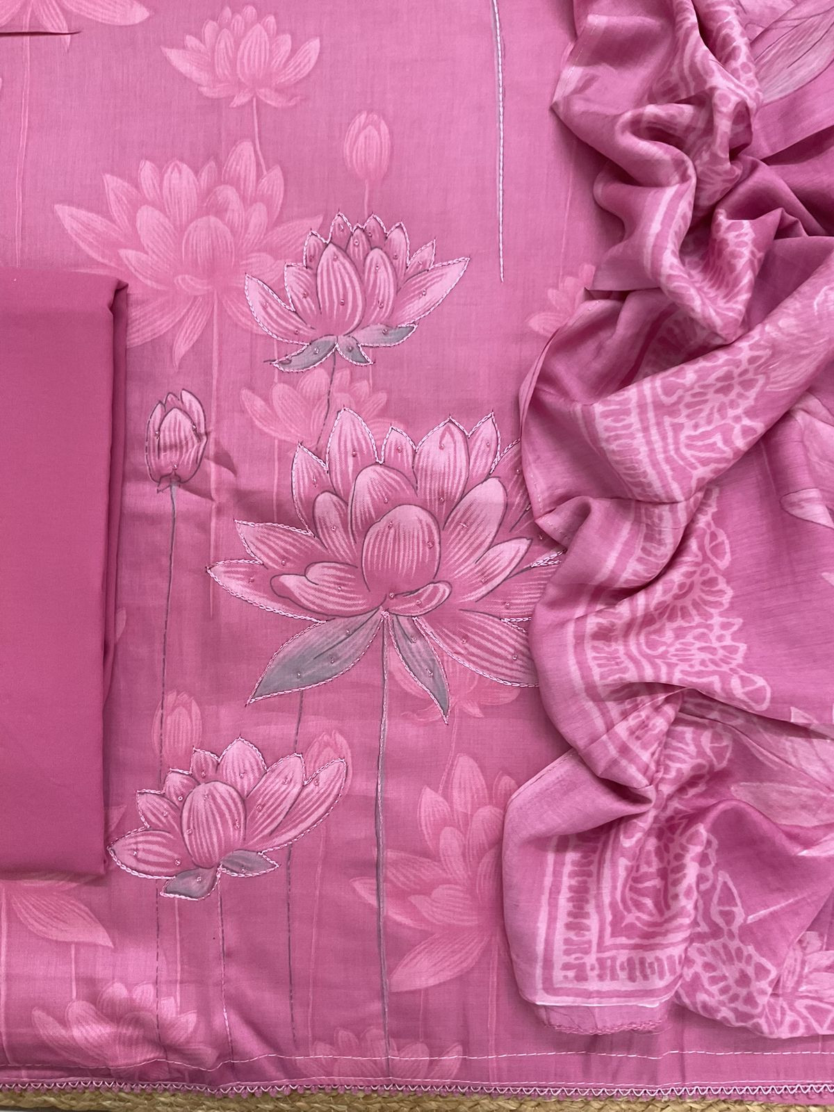 Pure Jaam Cotton Printed Embroidered Suit - Pink