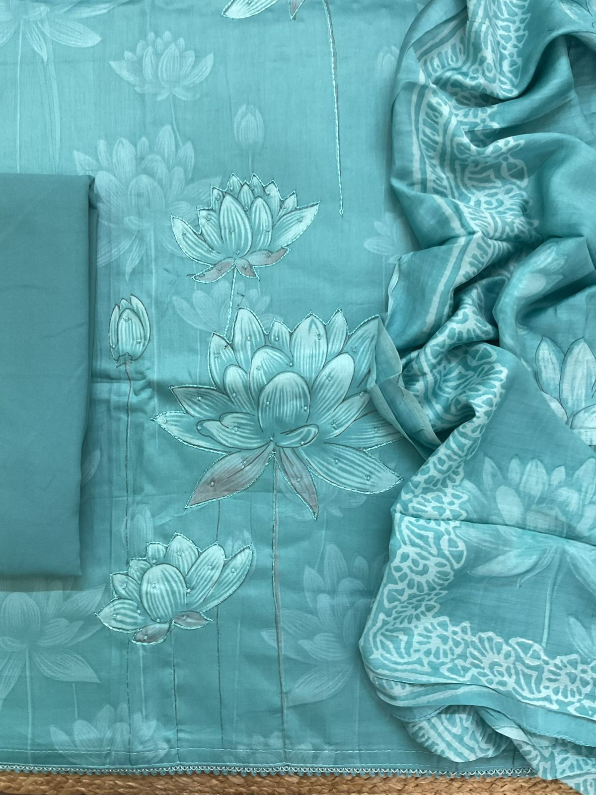 Pure Jaam Cotton Printed Embroidered Suit - Sea Green