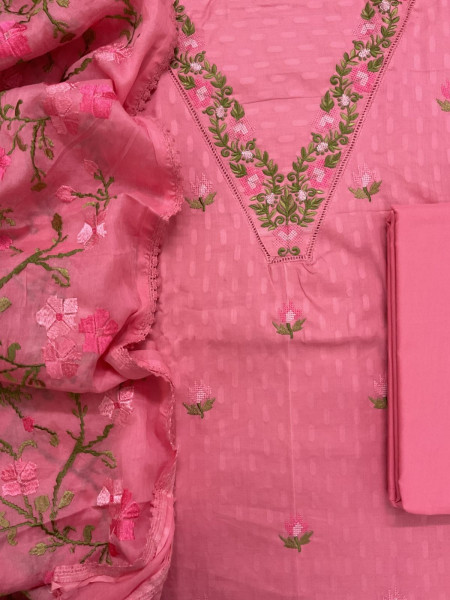Image of Pure Cotton Self Weaved Embroidered Suit - Pink