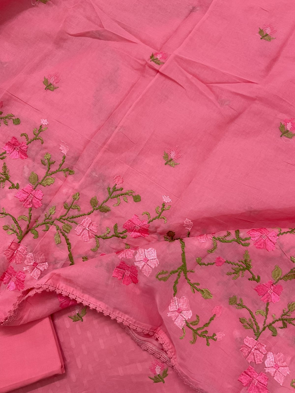 Pure Cotton Self Weaved Embroidered Suit - Pink