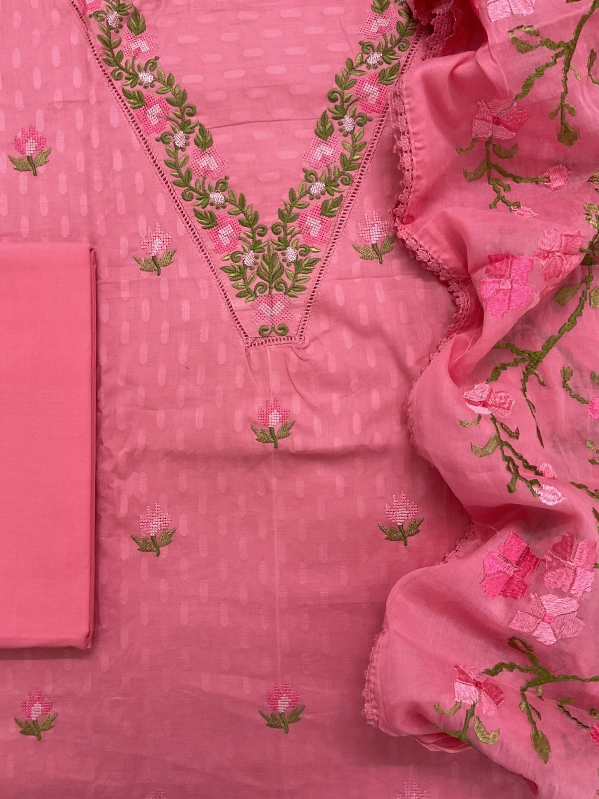 Pure Cotton Self Weaved Embroidered Suit - Pink