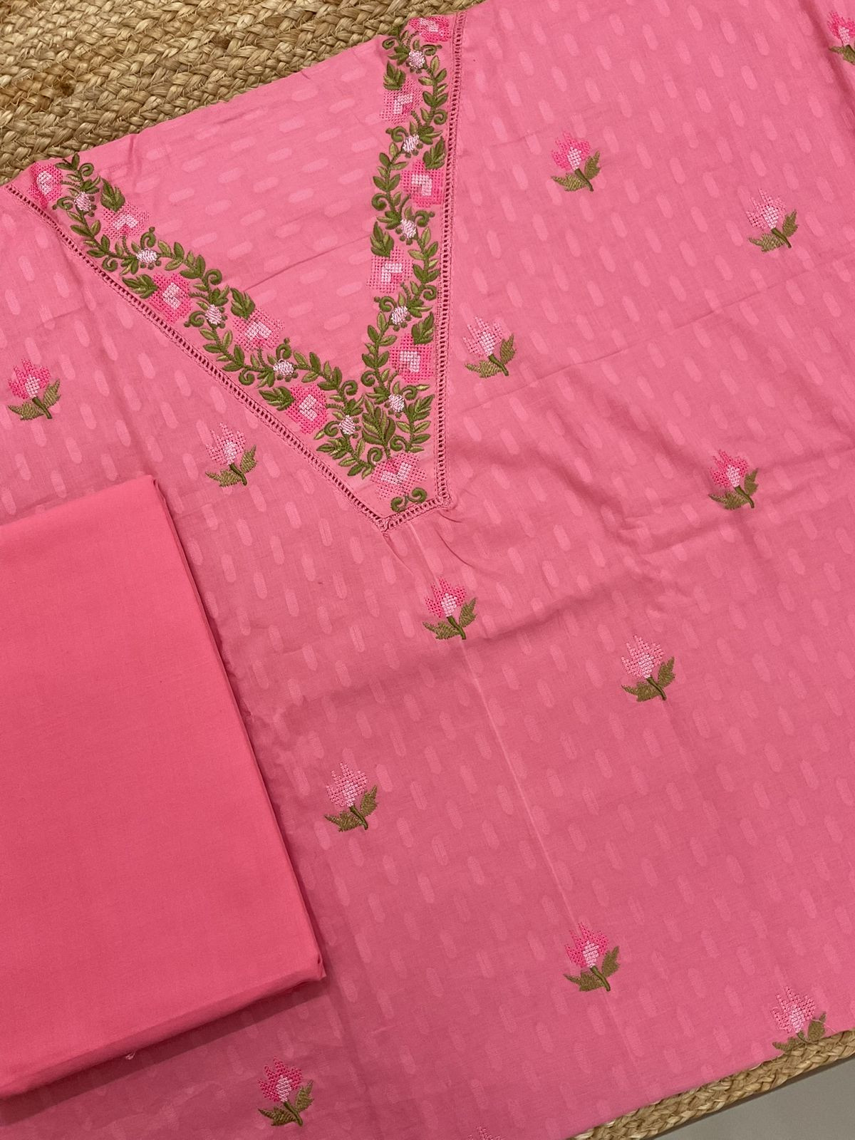 Pure Cotton Self Weaved Embroidered Suit - Pink