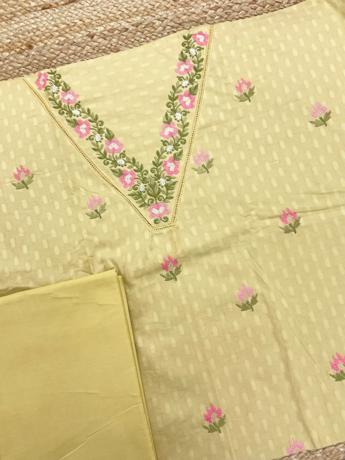 Pure Cotton Self Weaved Embroidered Suit - Yellow