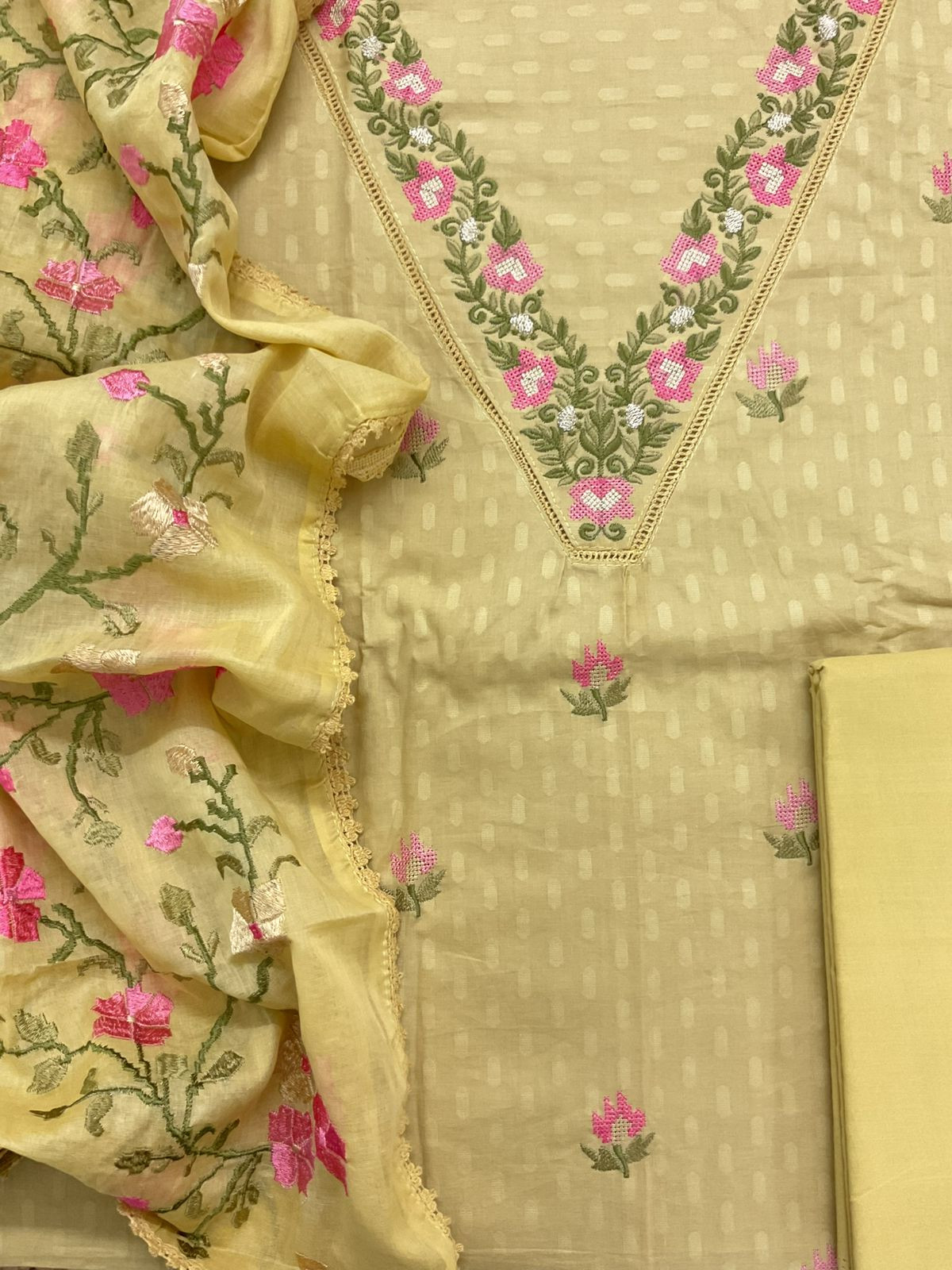 Pure Cotton Self Weaved Embroidered Suit - Yellow