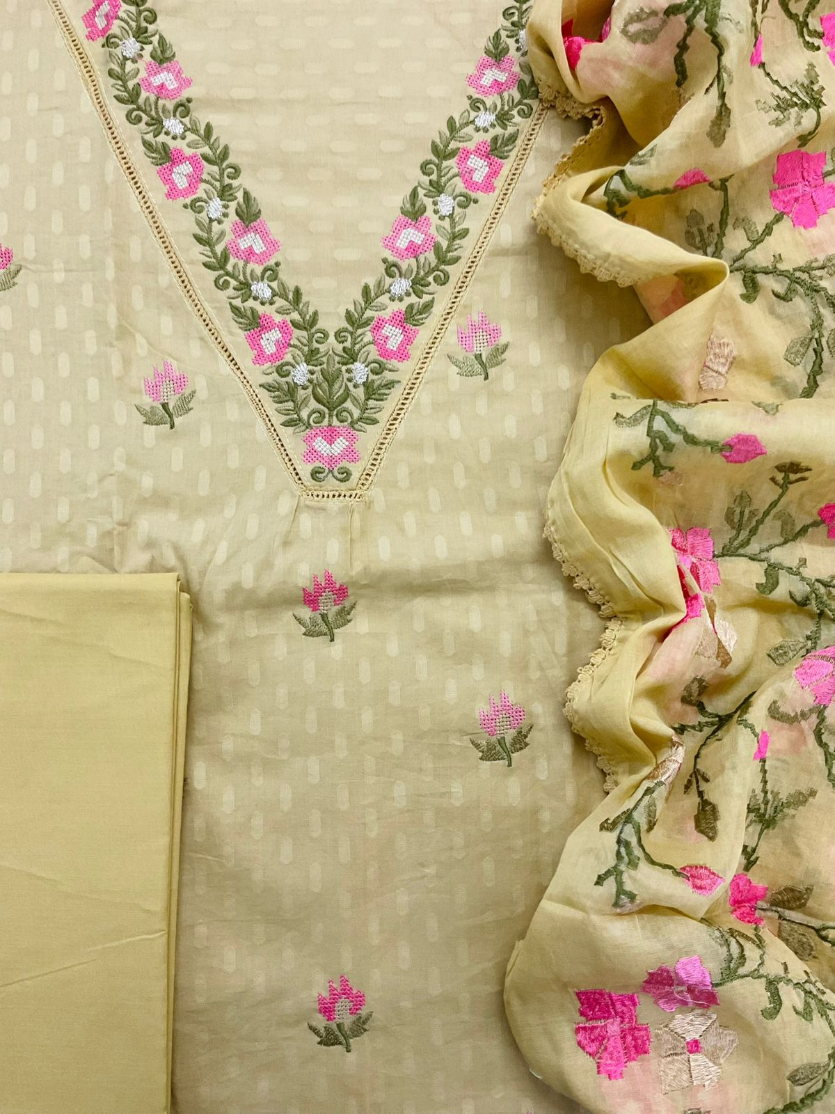 Pure Cotton Self Weaved Embroidered Suit - Yellow