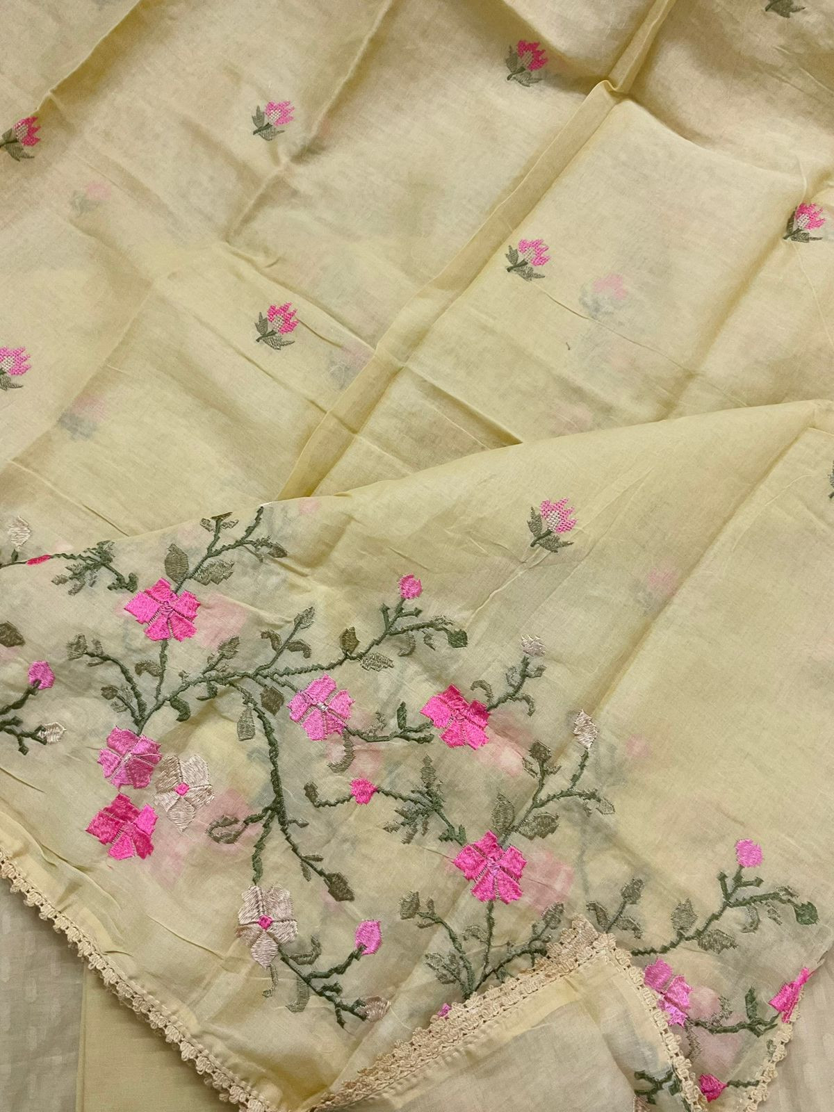 Pure Cotton Self Weaved Embroidered Suit - Yellow