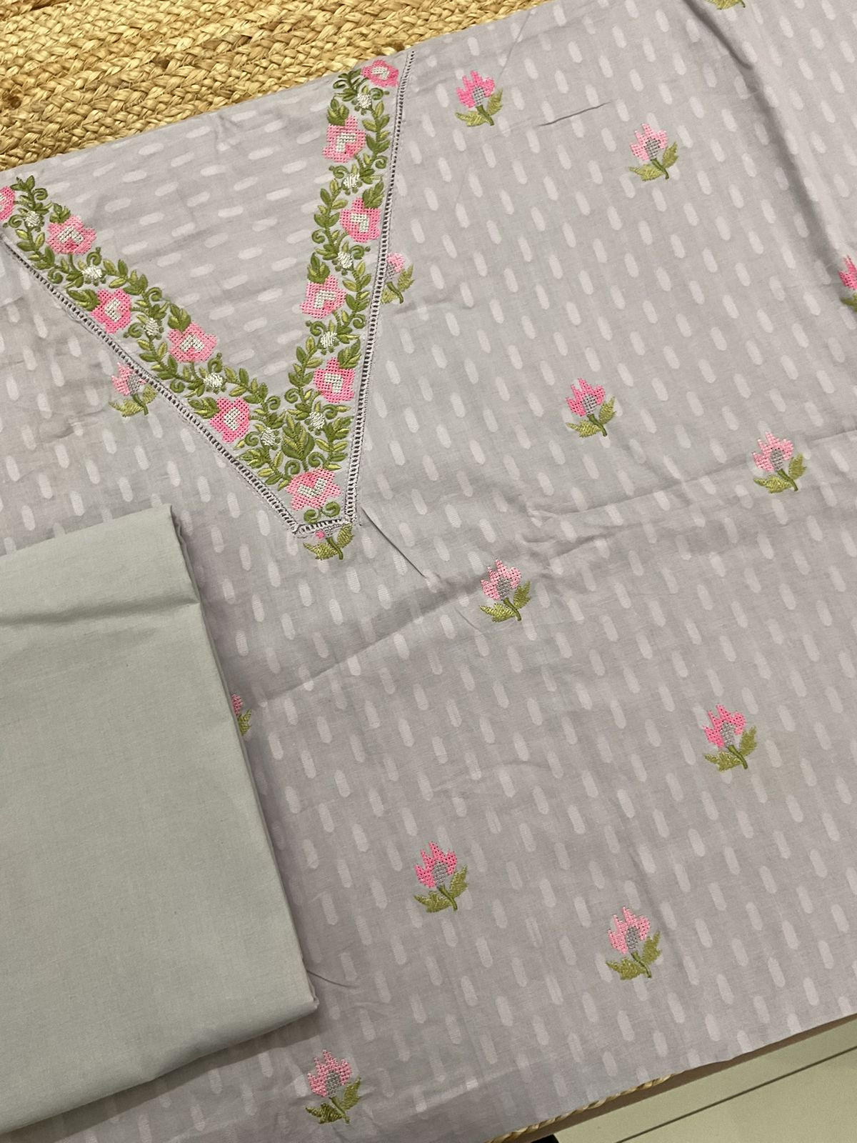 Pure Cotton Self Weaved Embroidered Suit - Grey