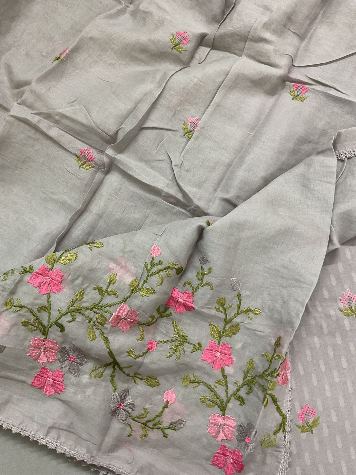 Pure Cotton Self Weaved Embroidered Suit - Grey