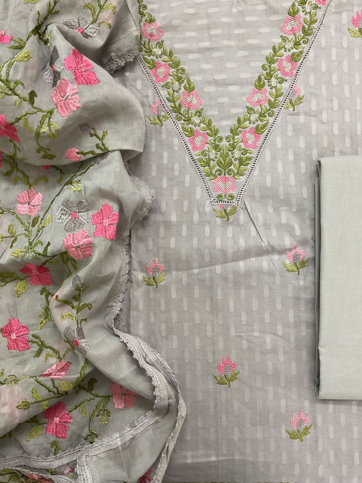 Pure Cotton Self Weaved Embroidered Suit - Grey