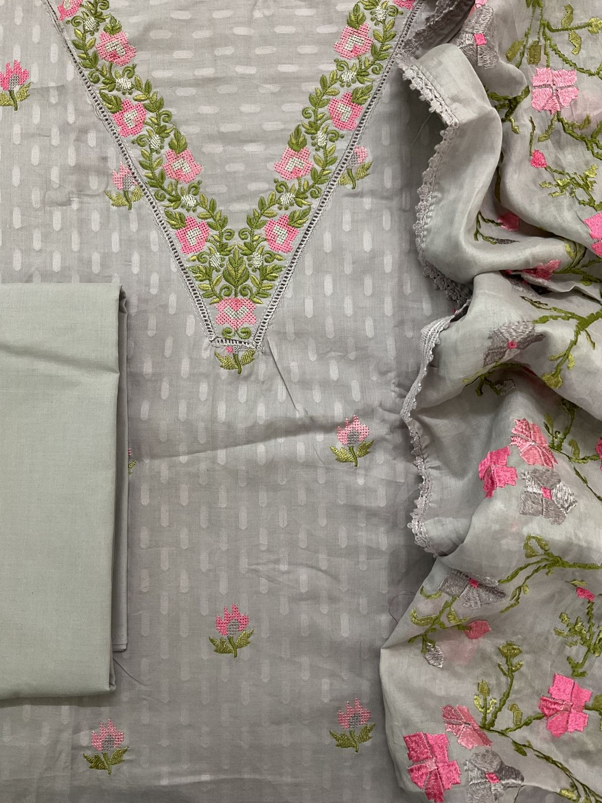 Pure Cotton Self Weaved Embroidered Suit - Grey