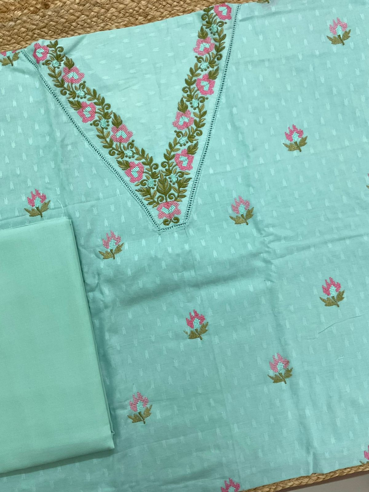 Pure Cotton Self Weaved Embroidered Suit - Sea Green