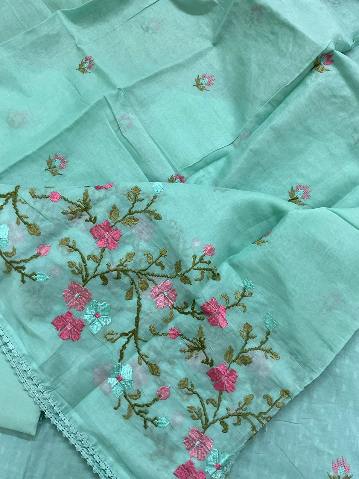 Pure Cotton Self Weaved Embroidered Suit - Sea Green