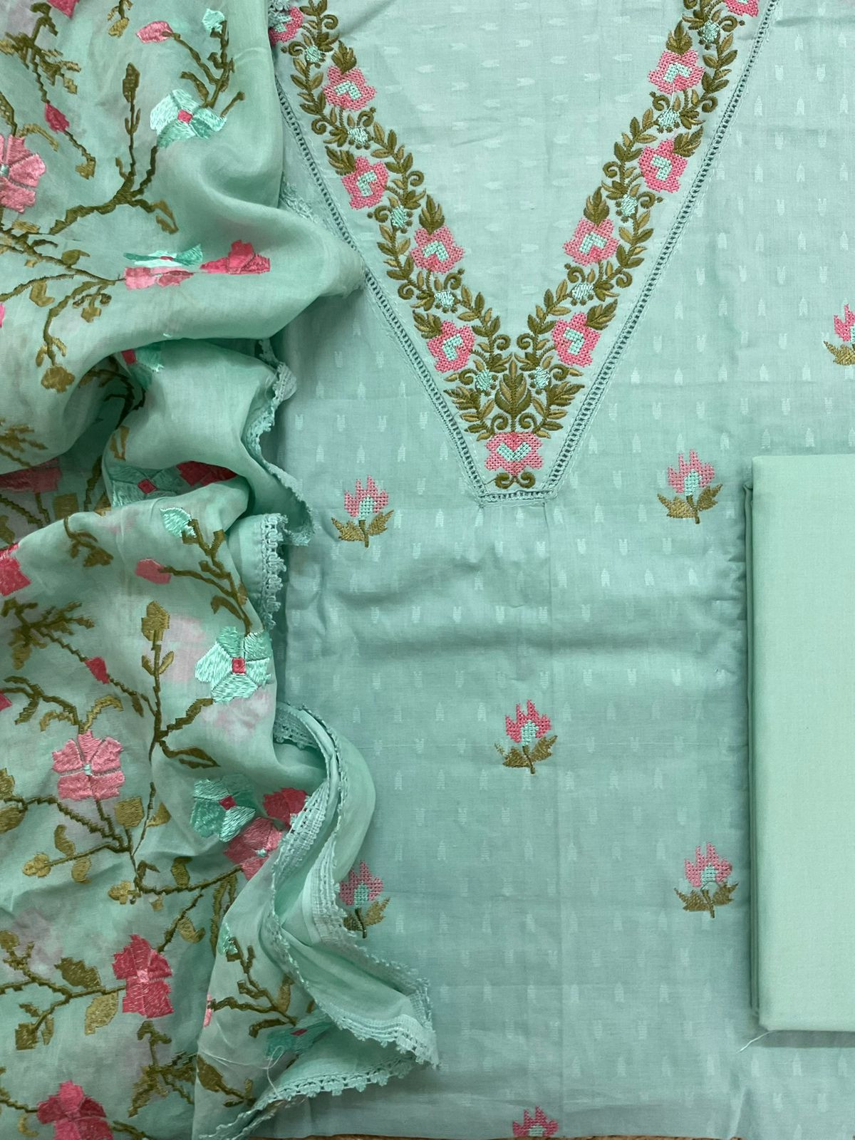 Pure Cotton Self Weaved Embroidered Suit - Sea Green
