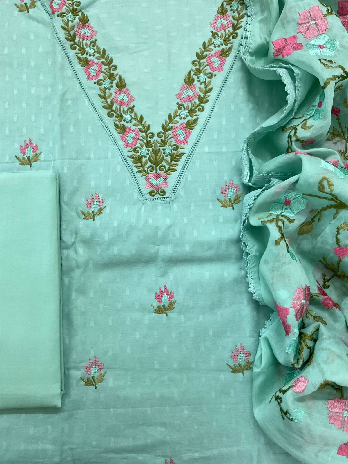 Pure Cotton Self Weaved Embroidered Suit - Sea Green