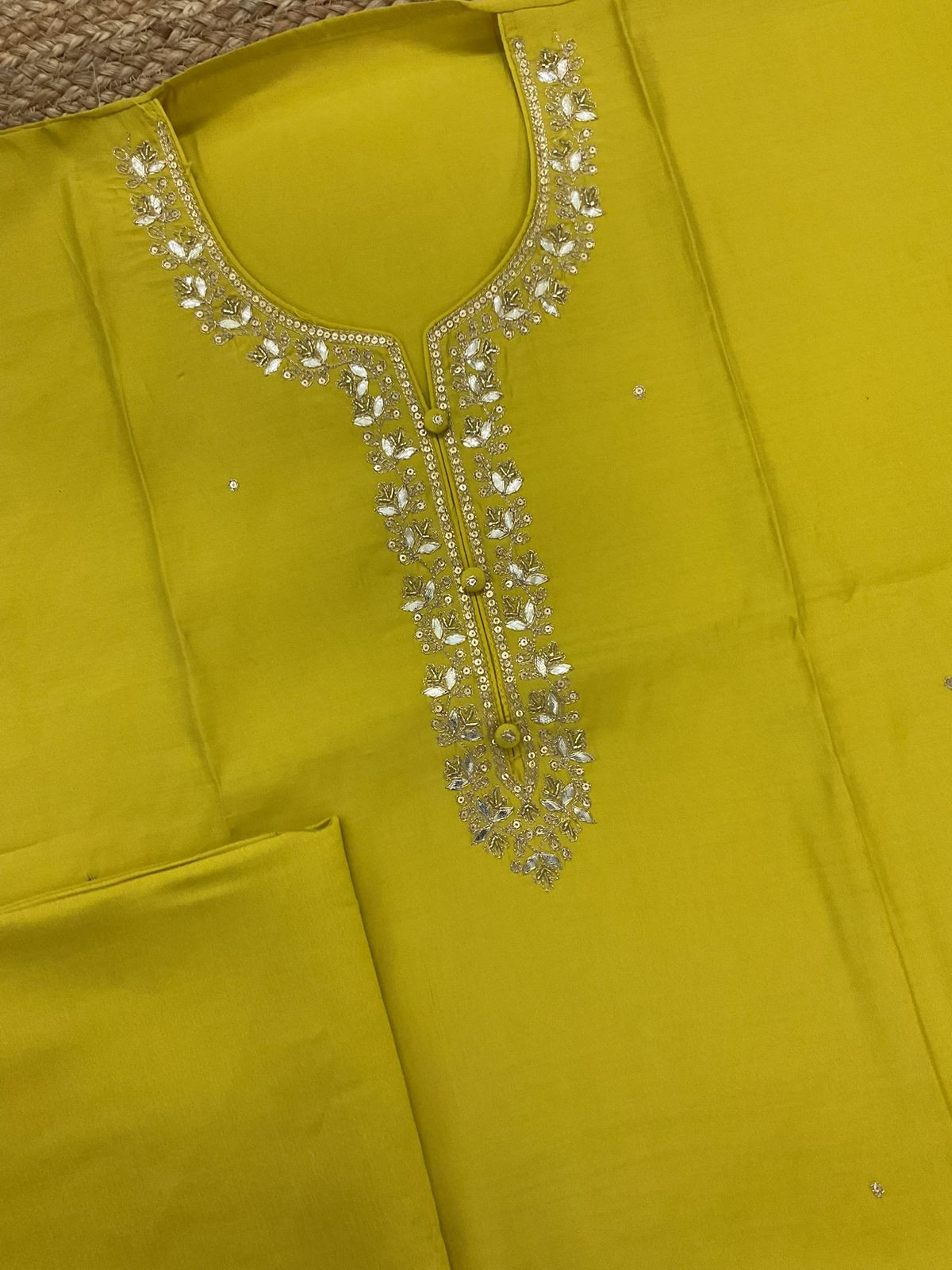 Pure Muslin Embroidered Suit - Lime Yellow