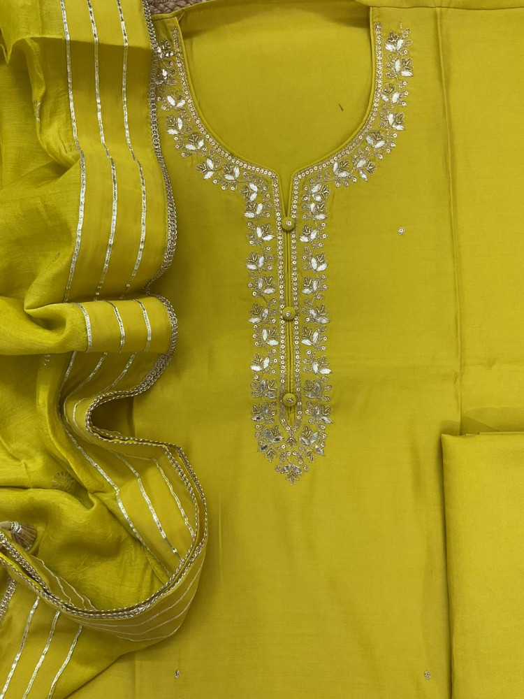 Image of Pure Muslin Embroidered Suit - Lime Yellow