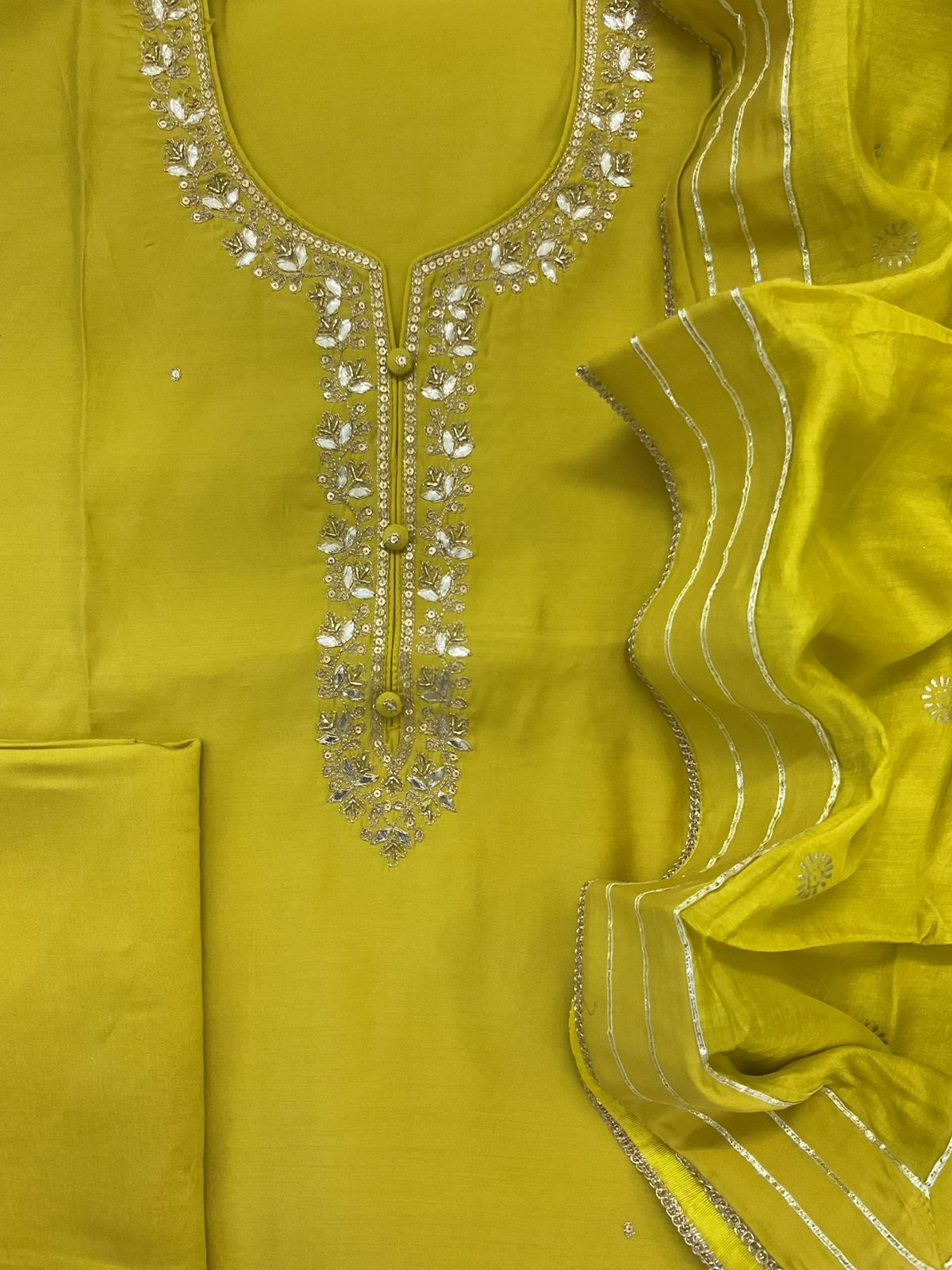 Pure Muslin Embroidered Suit - Lime Yellow