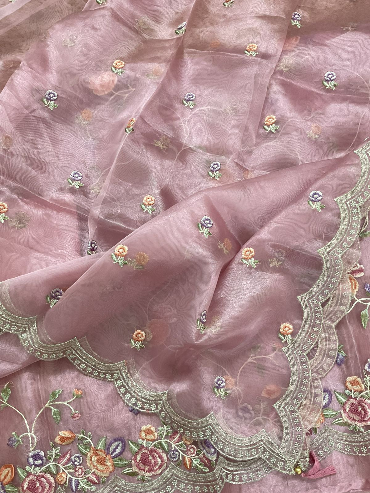 Soft Tissue Shimmer Silk Embroidered Suit - Onion Pink