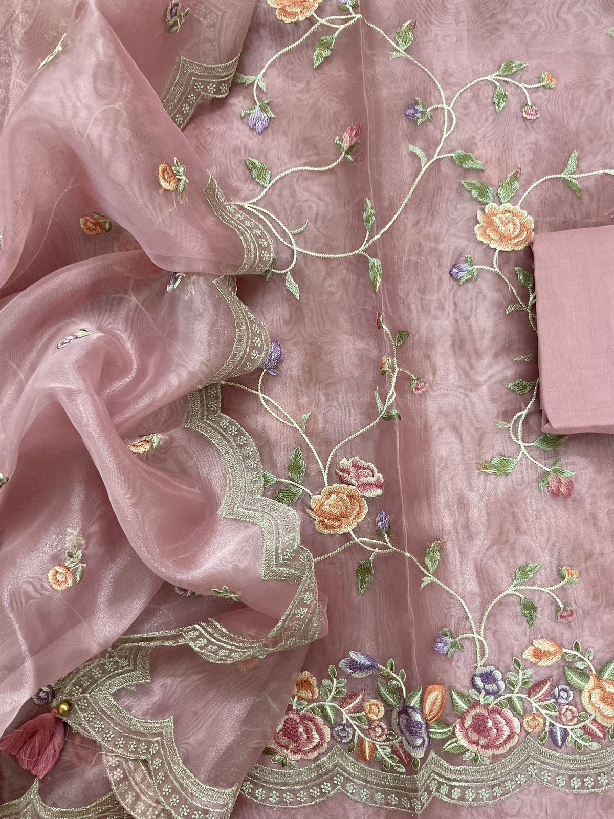 Soft Tissue Shimmer Silk Embroidered Suit - Onion Pink