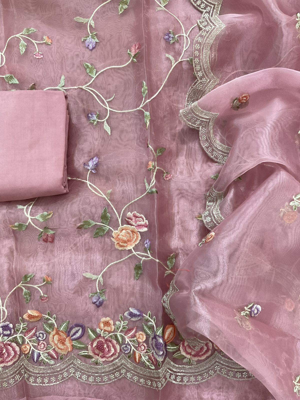 Soft Tissue Shimmer Silk Embroidered Suit - Onion Pink
