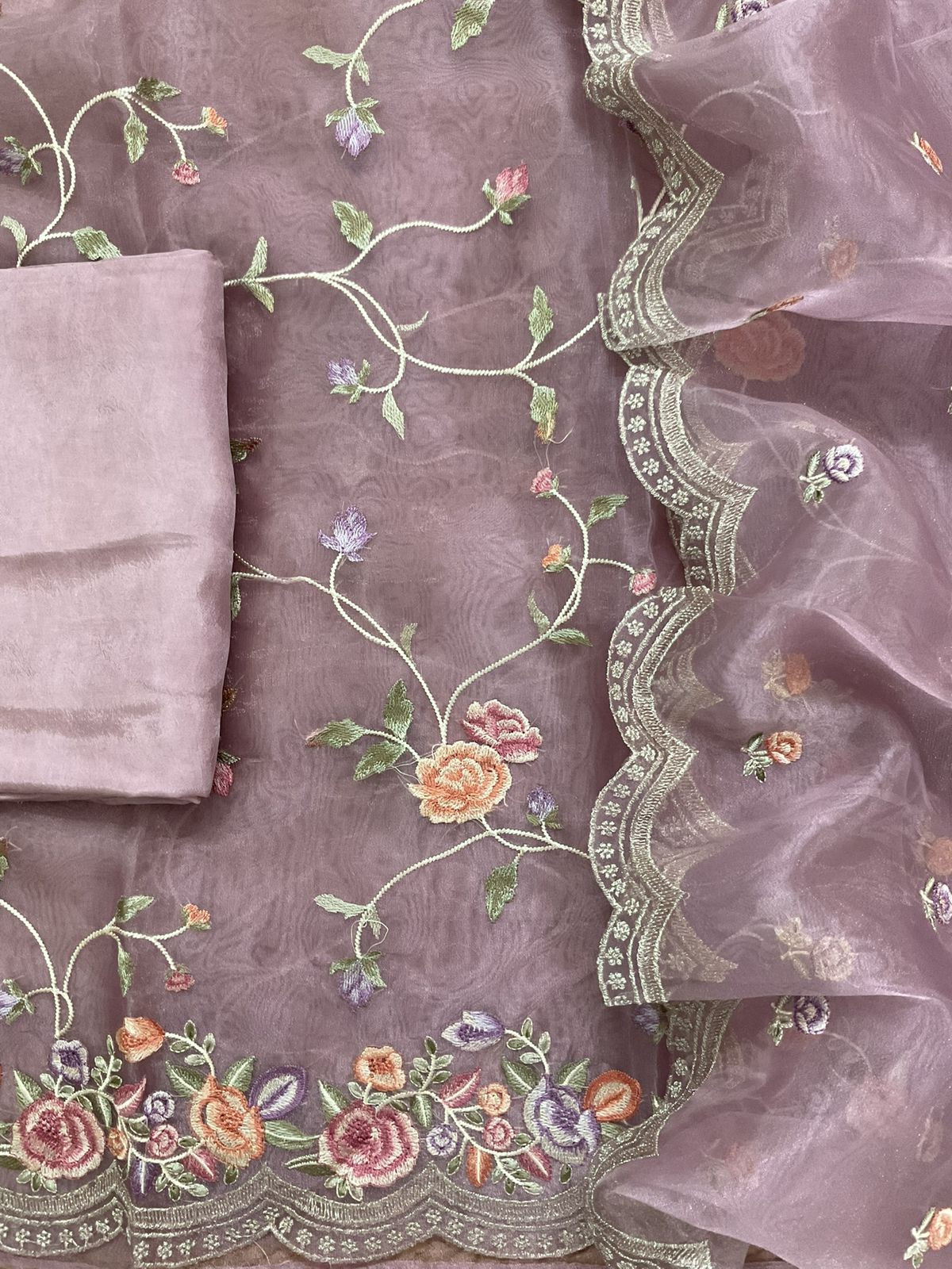 Soft Tissue Shimmer Silk Embroidered Suit - Mauve