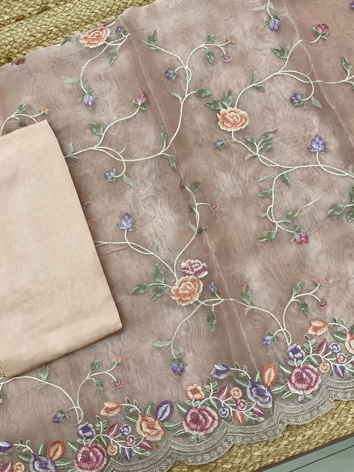 Soft Tissue Shimmer Silk Embroidered Suit - Peachish Beige