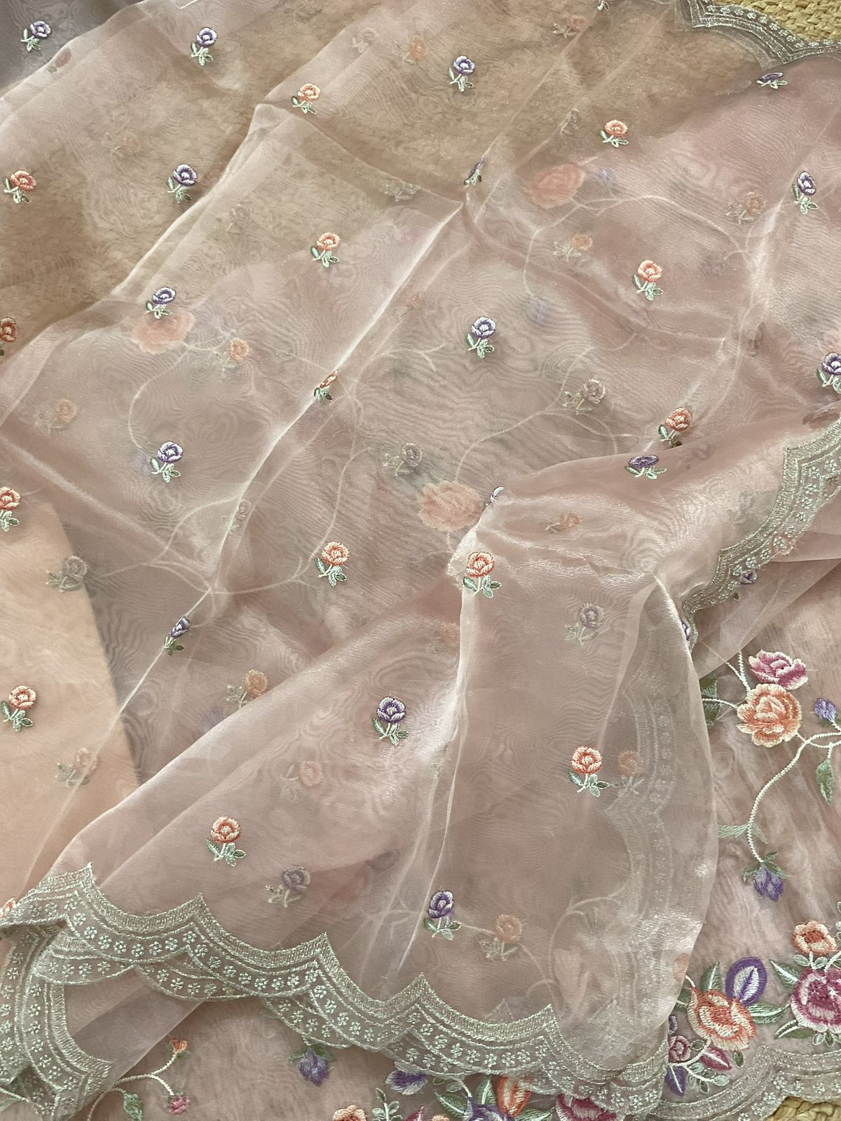 Soft Tissue Shimmer Silk Embroidered Suit - Peachish Beige