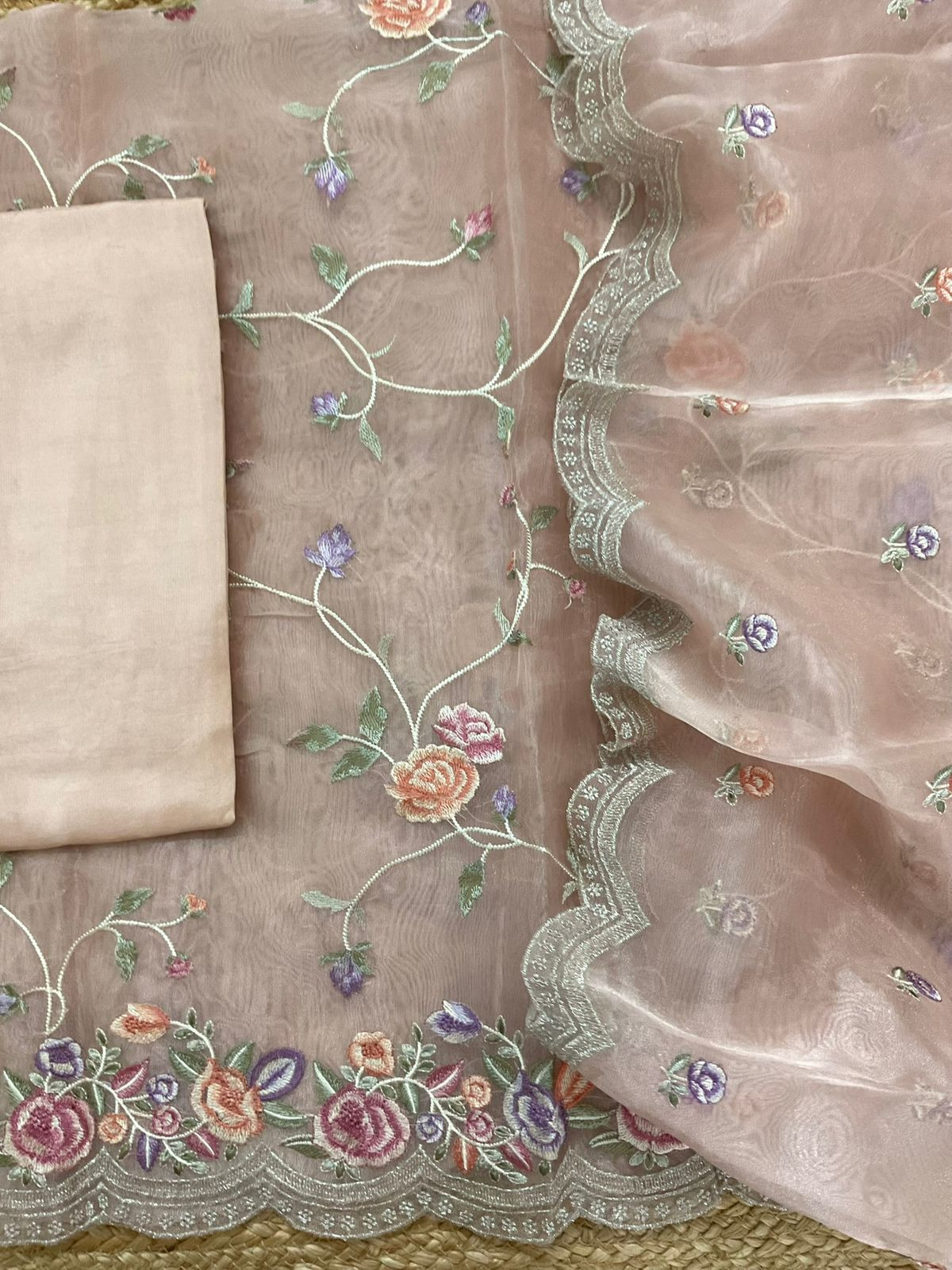 Soft Tissue Shimmer Silk Embroidered Suit - Peachish Beige