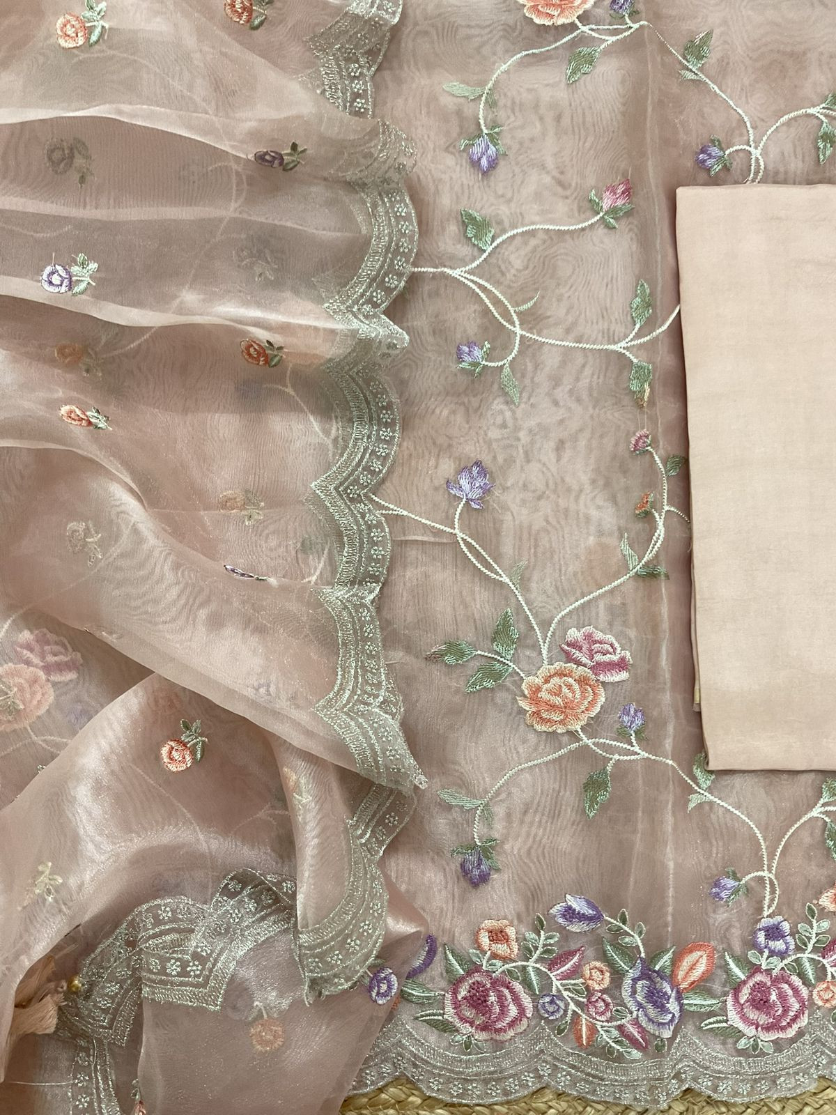 Soft Tissue Shimmer Silk Embroidered Suit - Peachish Beige