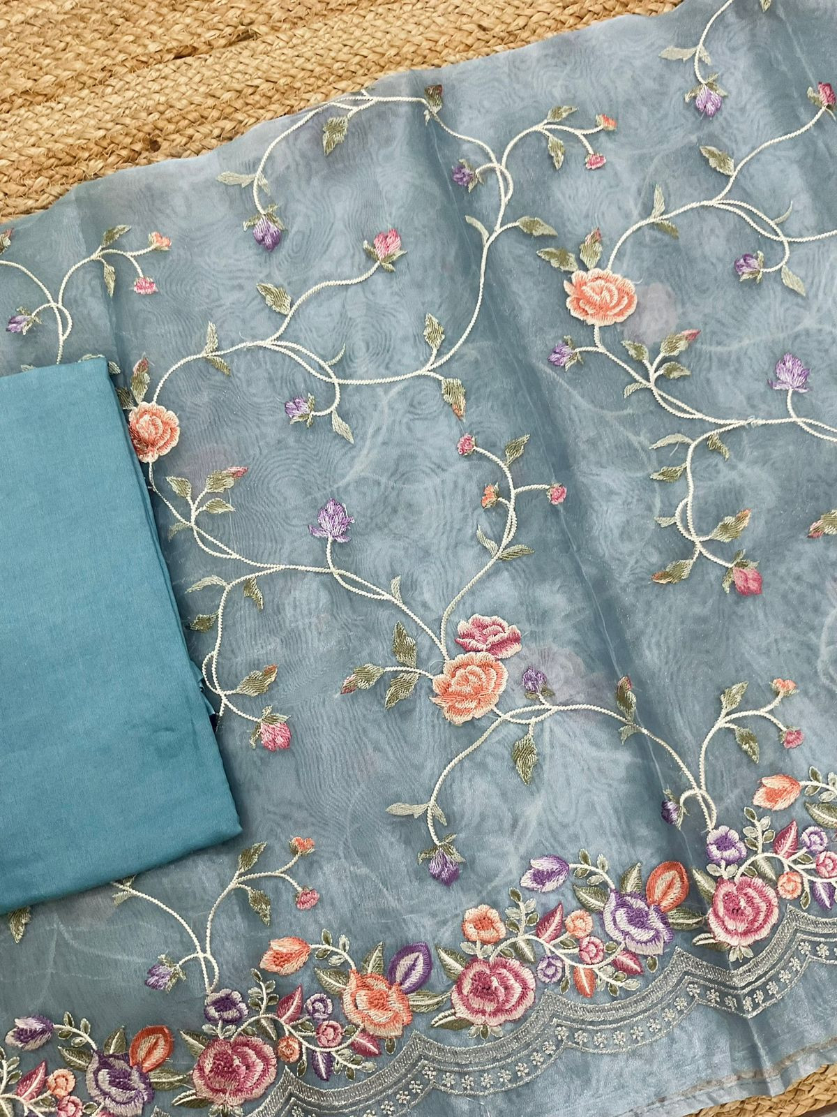 Soft Tissue Shimmer Silk Embroidered Suit - Blue