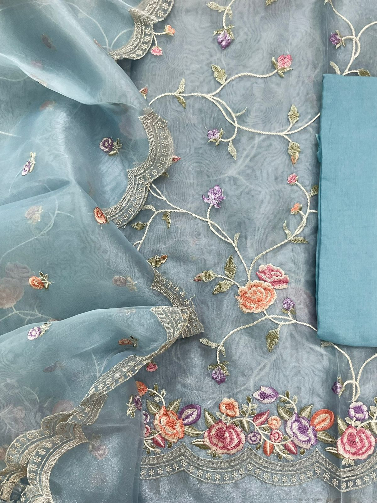 Soft Tissue Shimmer Silk Embroidered Suit - Blue